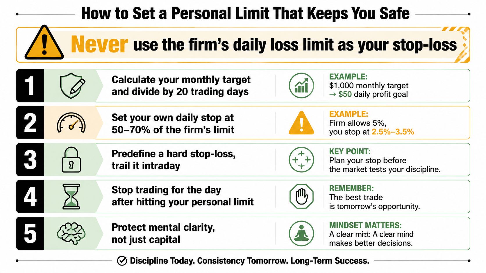 An infographic titled How to Set a Personal Limit That Keeps You Safe with five trading tips.