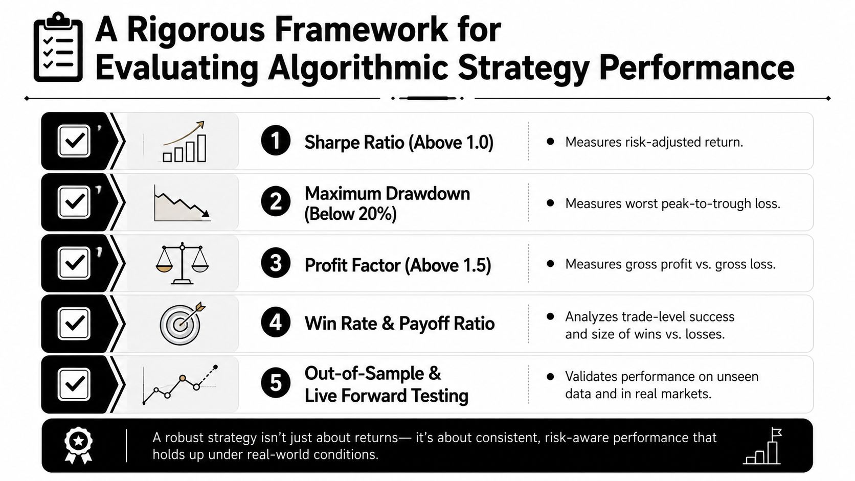 An infographic detailing five key metrics for evaluating the performance and reliability of algorithmic trading strategies.