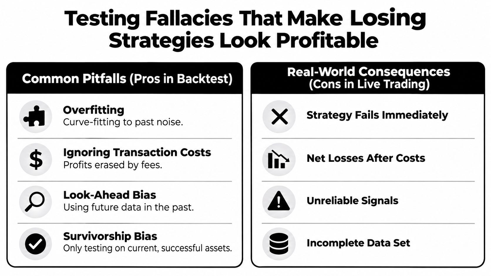 A chart illustrating common testing fallacies in algorithmic trading and their negative consequences in live markets.