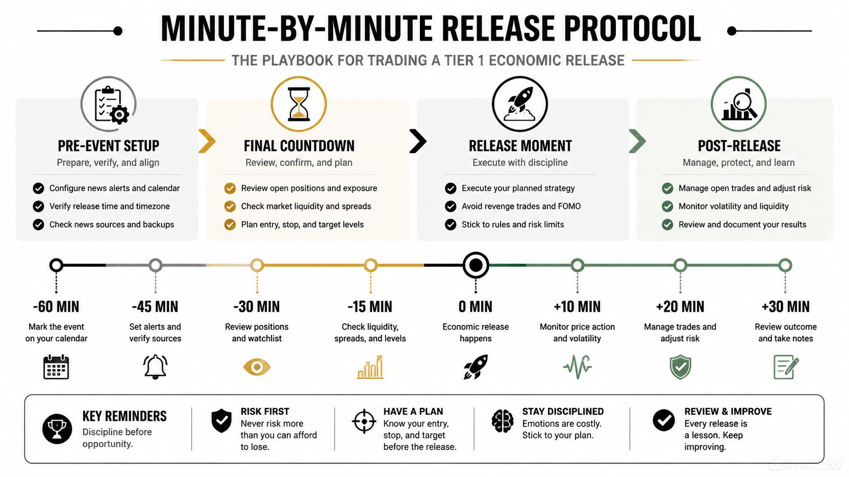 A structured minute-by-minute protocol infographic for trading during tier one economic news releases.