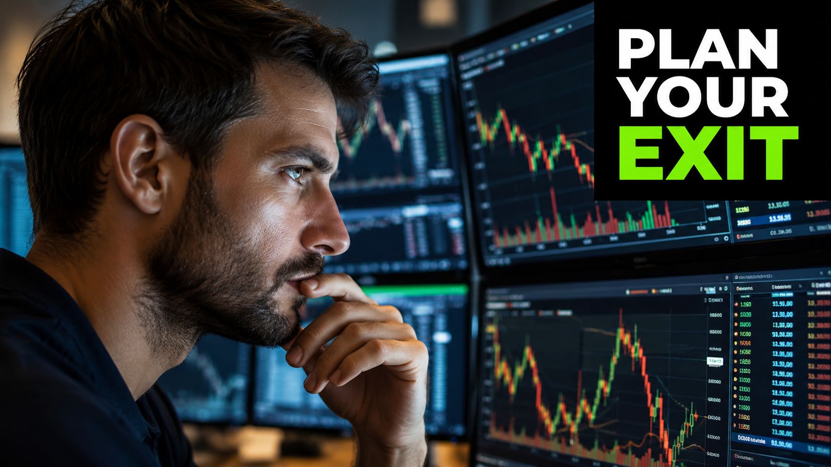 A focused male trader analyzes stock market charts on multiple computer monitors while contemplating his exit strategy.