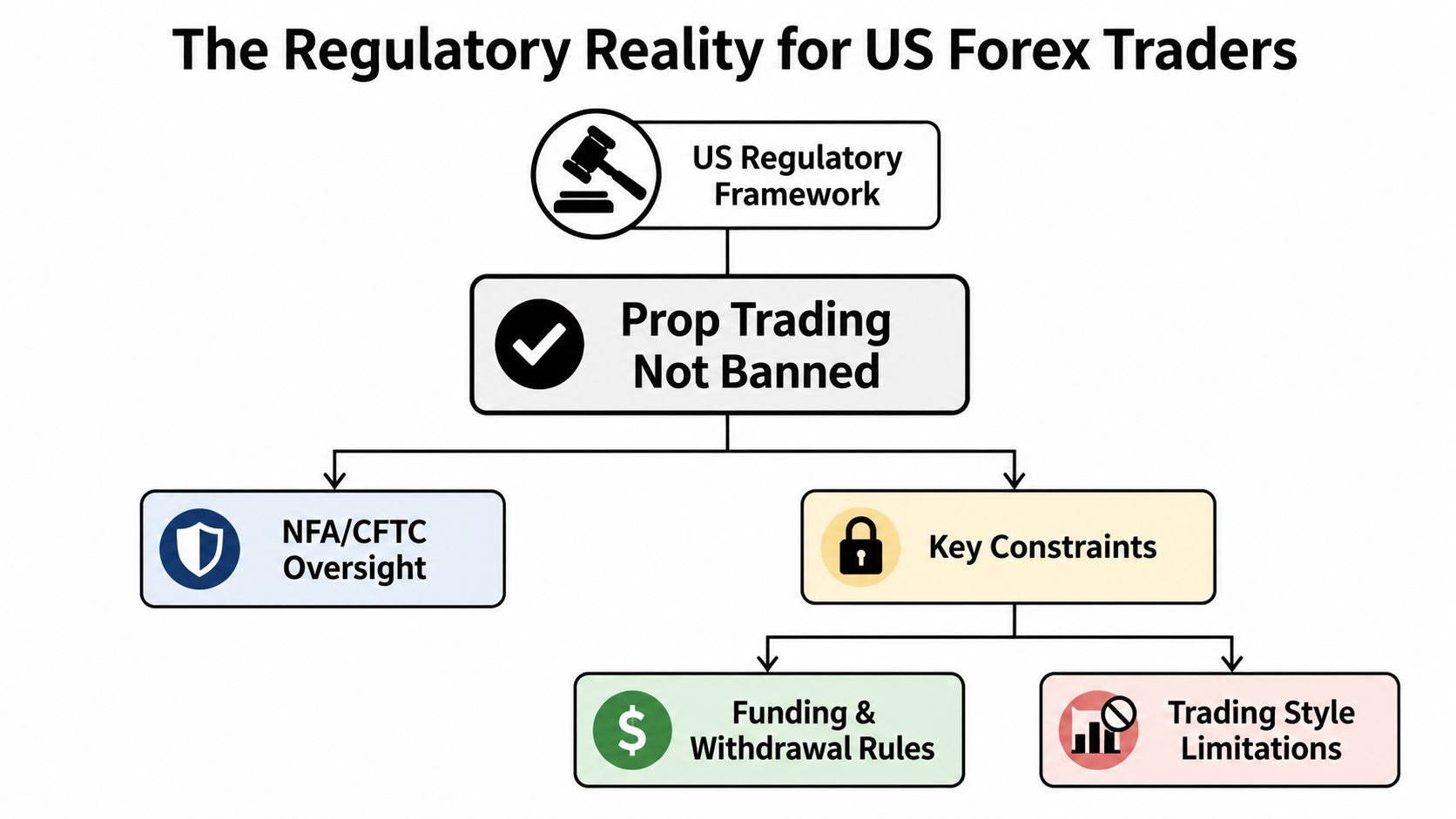 A diagram illustrating the regulatory reality for prop trading in the United States forex market.