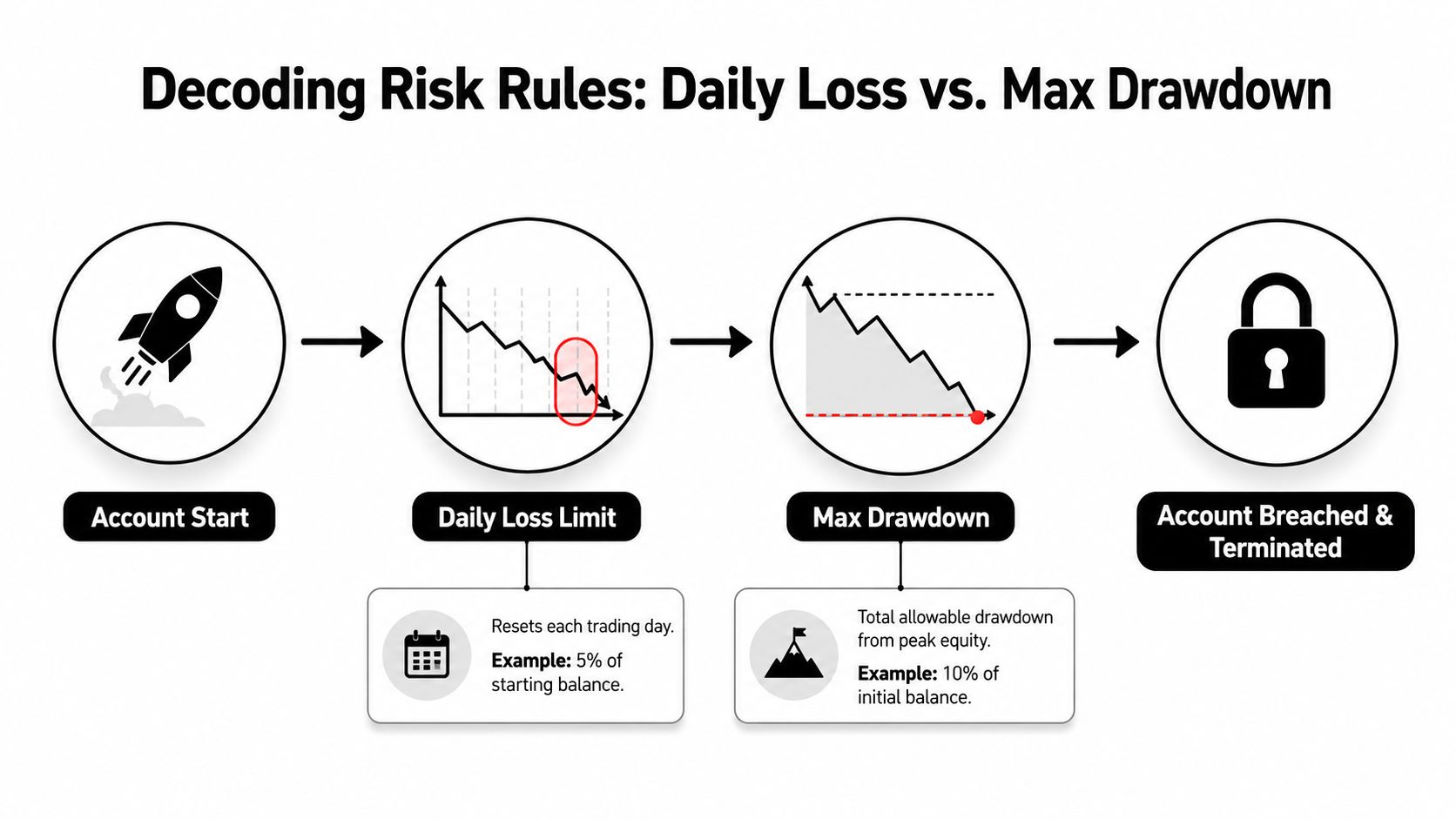 A diagram explaining daily loss limit versus max drawdown rules for trading accounts and potential termination.