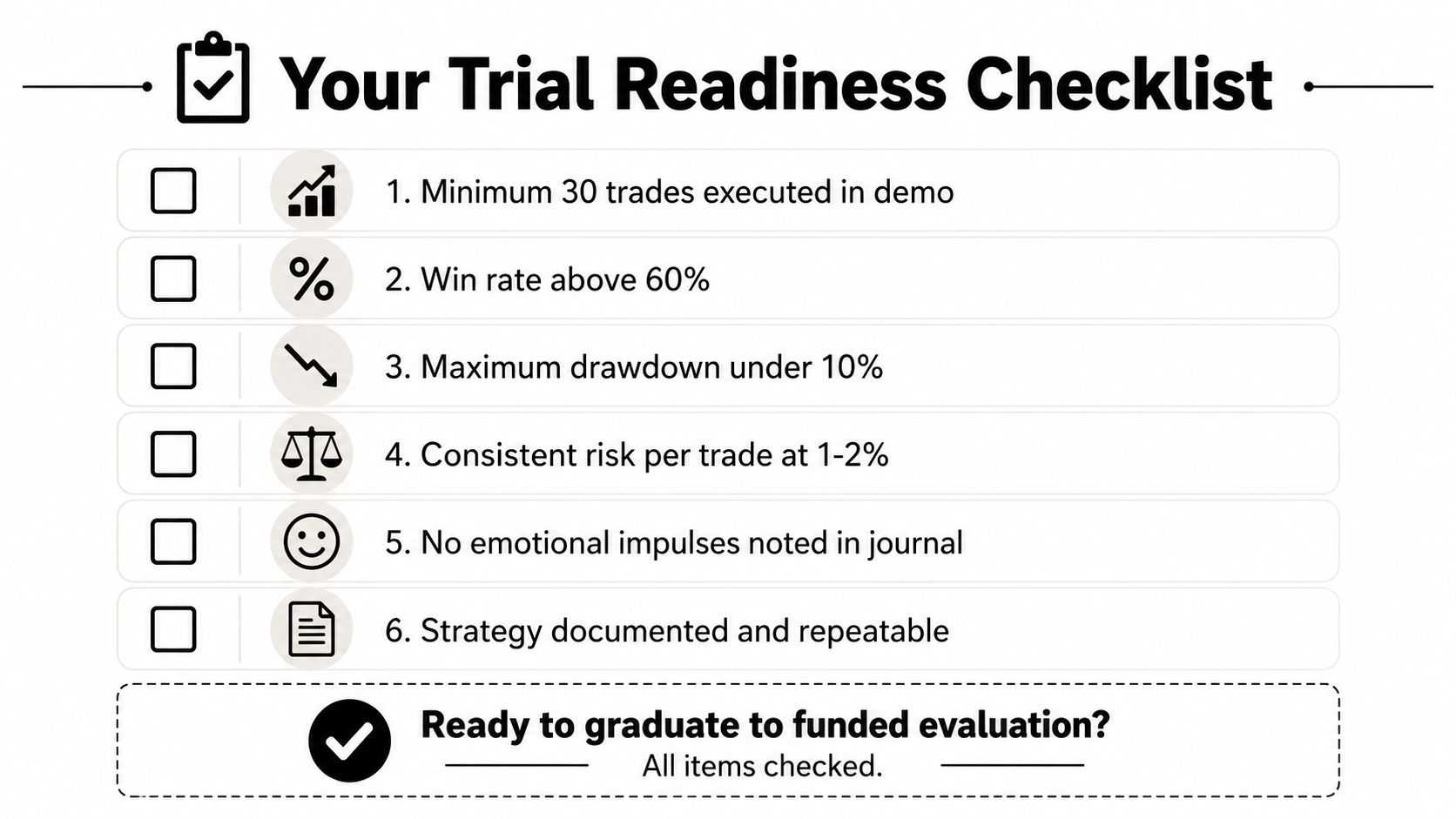A checklist titled Your Trial Readiness Checklist with six criteria for traders to move to funded evaluation.