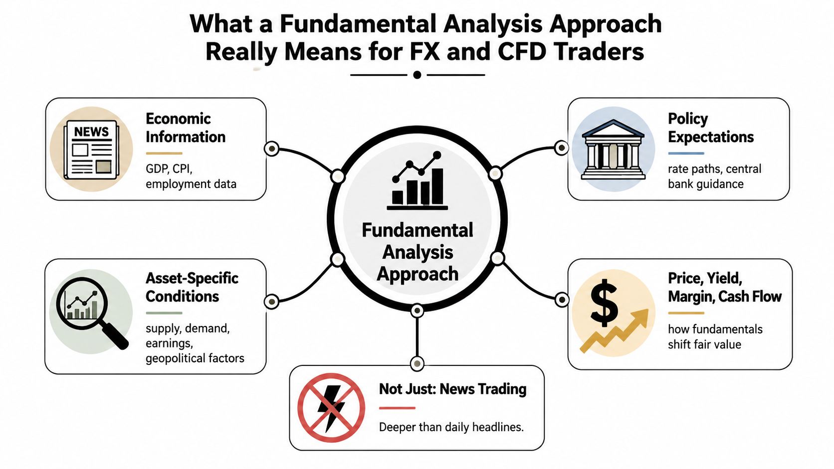 A diagram illustrating the key components of a fundamental analysis approach for FX and CFD traders.