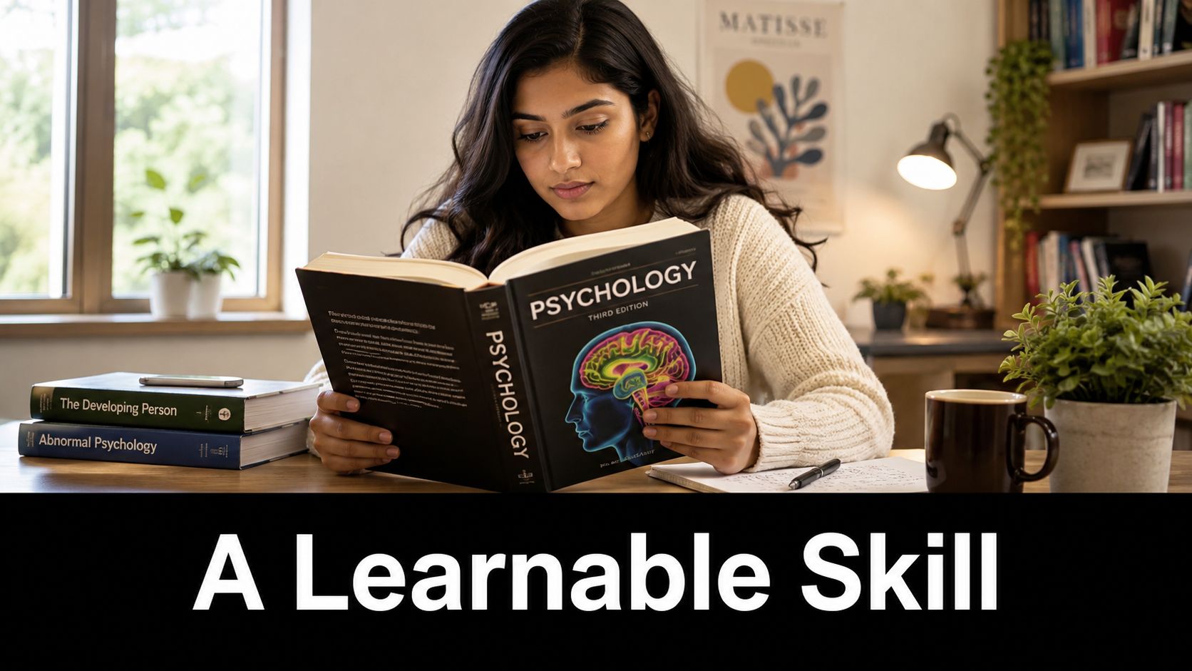 A young woman sitting at a wooden desk reading a psychology textbook in a well-lit home office.