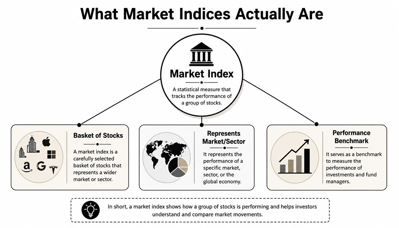 An infographic explaining that a market index is a statistical measure tracking stock groups and performance.