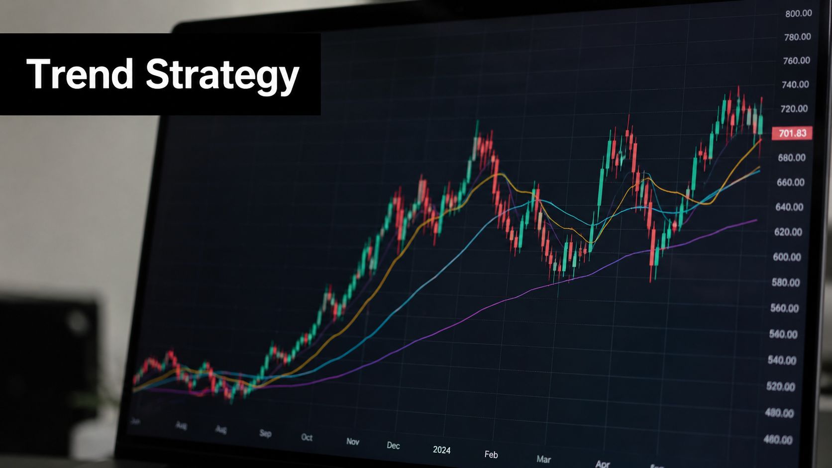 A close-up view of a laptop screen displaying a stock market chart showing upward trends.