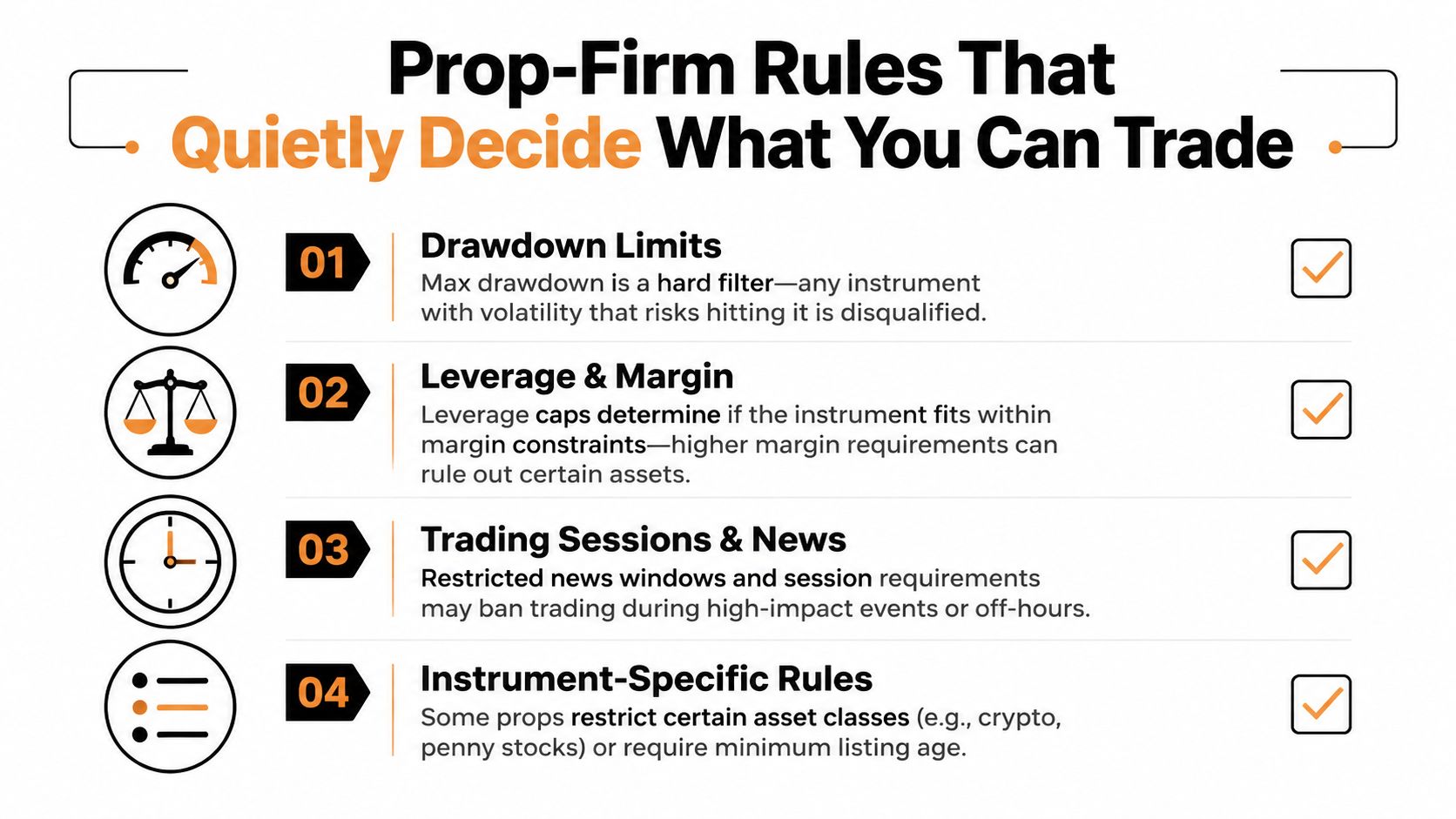 A list of four key trading rules for prop firms that impact asset selection and market participation.