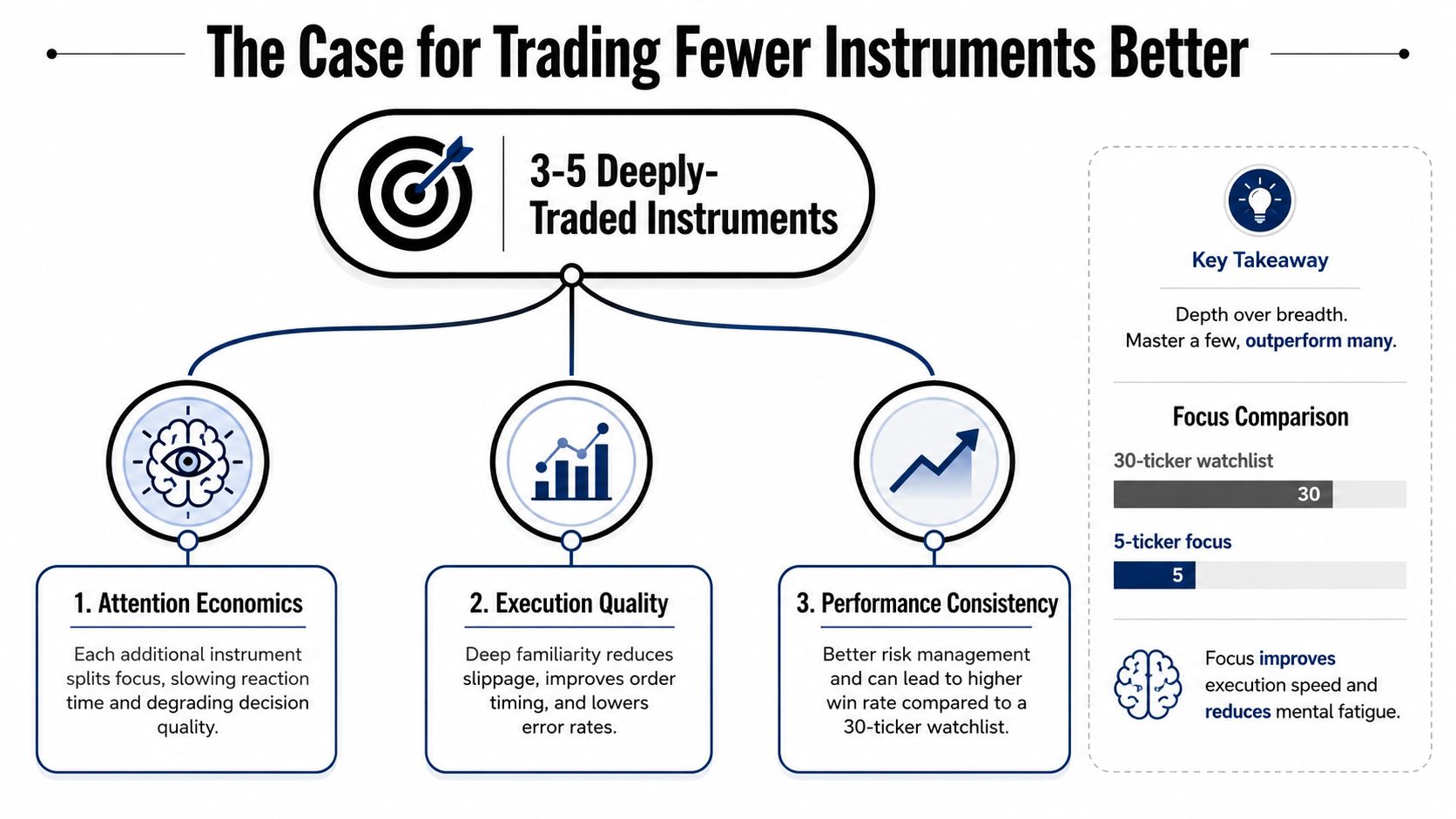 An infographic illustrating the benefits of trading a small number of financial instruments for better performance.