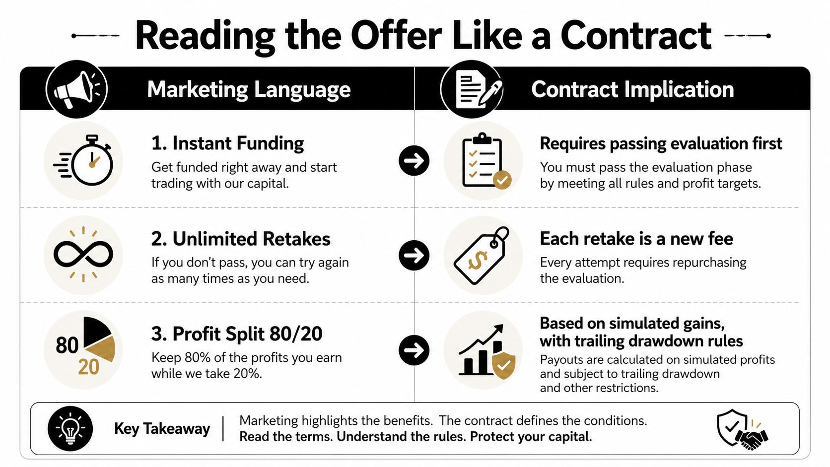 A comparison chart showing how prop trading firm marketing language differs from actual contract implications.