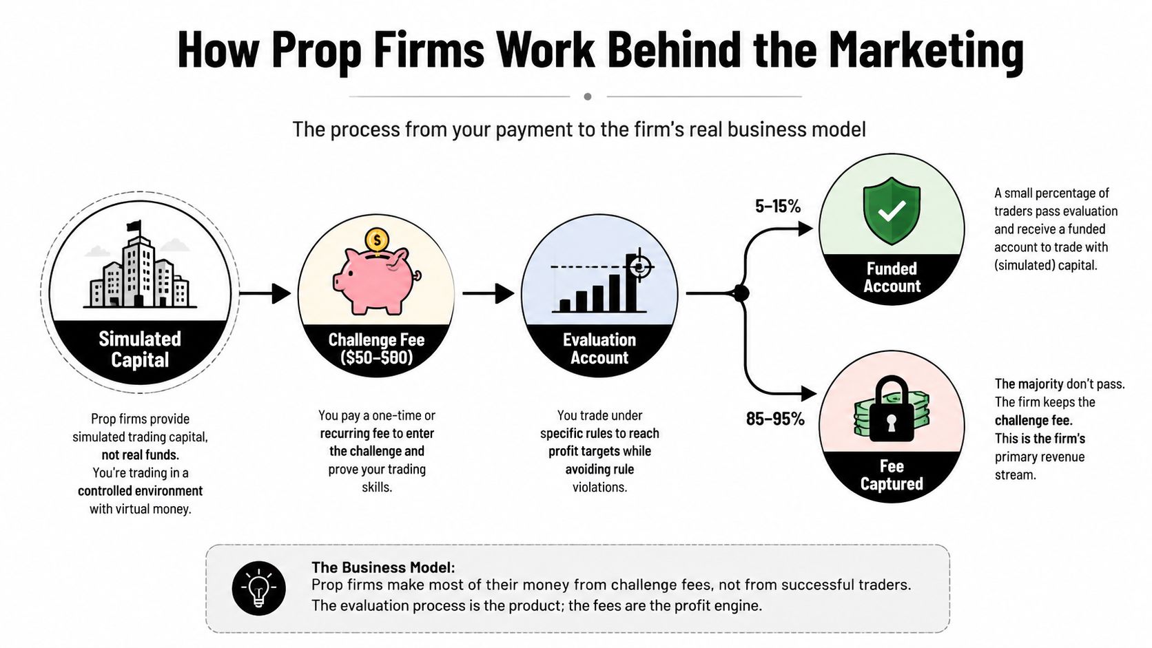 A diagram illustrating how proprietary trading firms generate revenue through evaluation fees rather than trading profits.