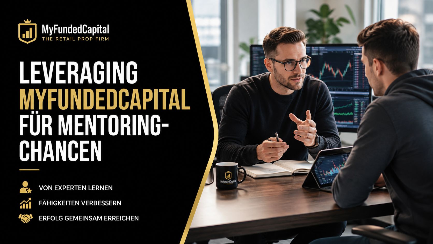 A professional mentor explains trading strategies to a student at a desk with charts and laptops.