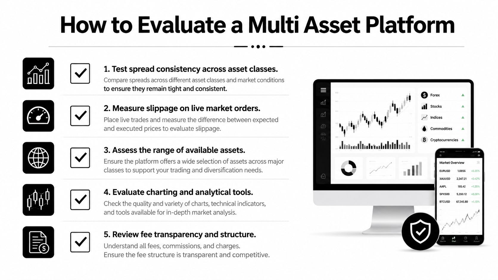 A guide on how to evaluate multi asset trading platforms featuring five key steps for selecting brokers.