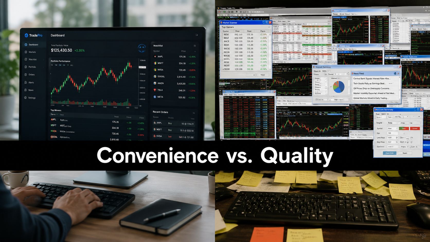 A comparison showing a modern, clean trading dashboard versus a cluttered, traditional multi-window desktop interface.