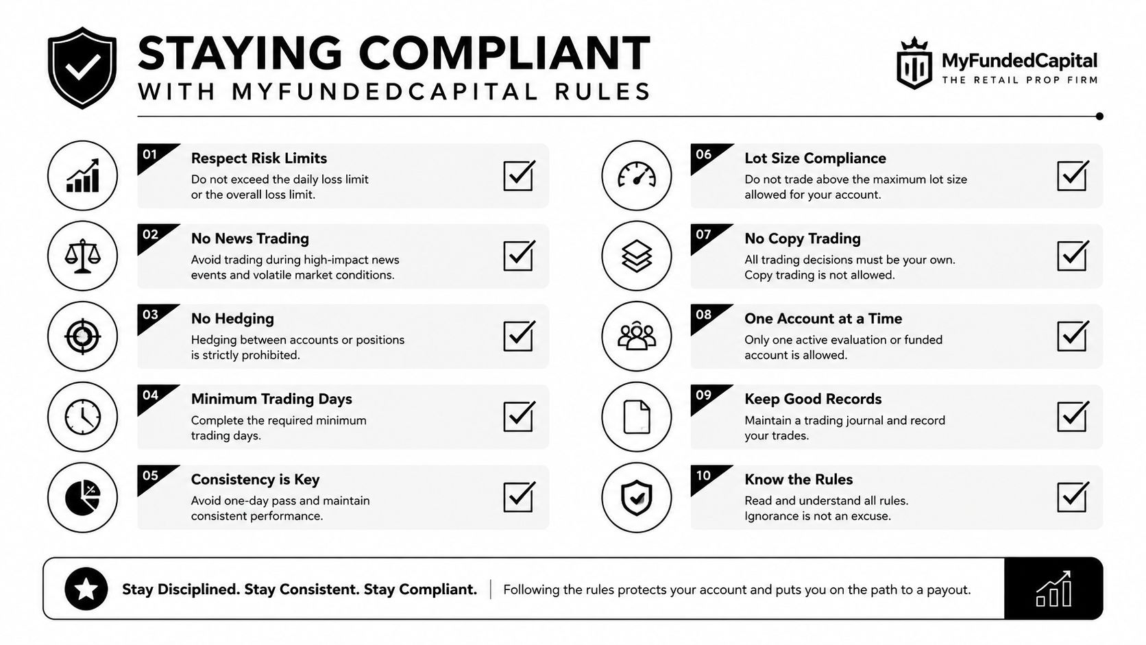An infographic titled Staying Compliant outlining ten key rules for MyFundedCapital prop firm traders.