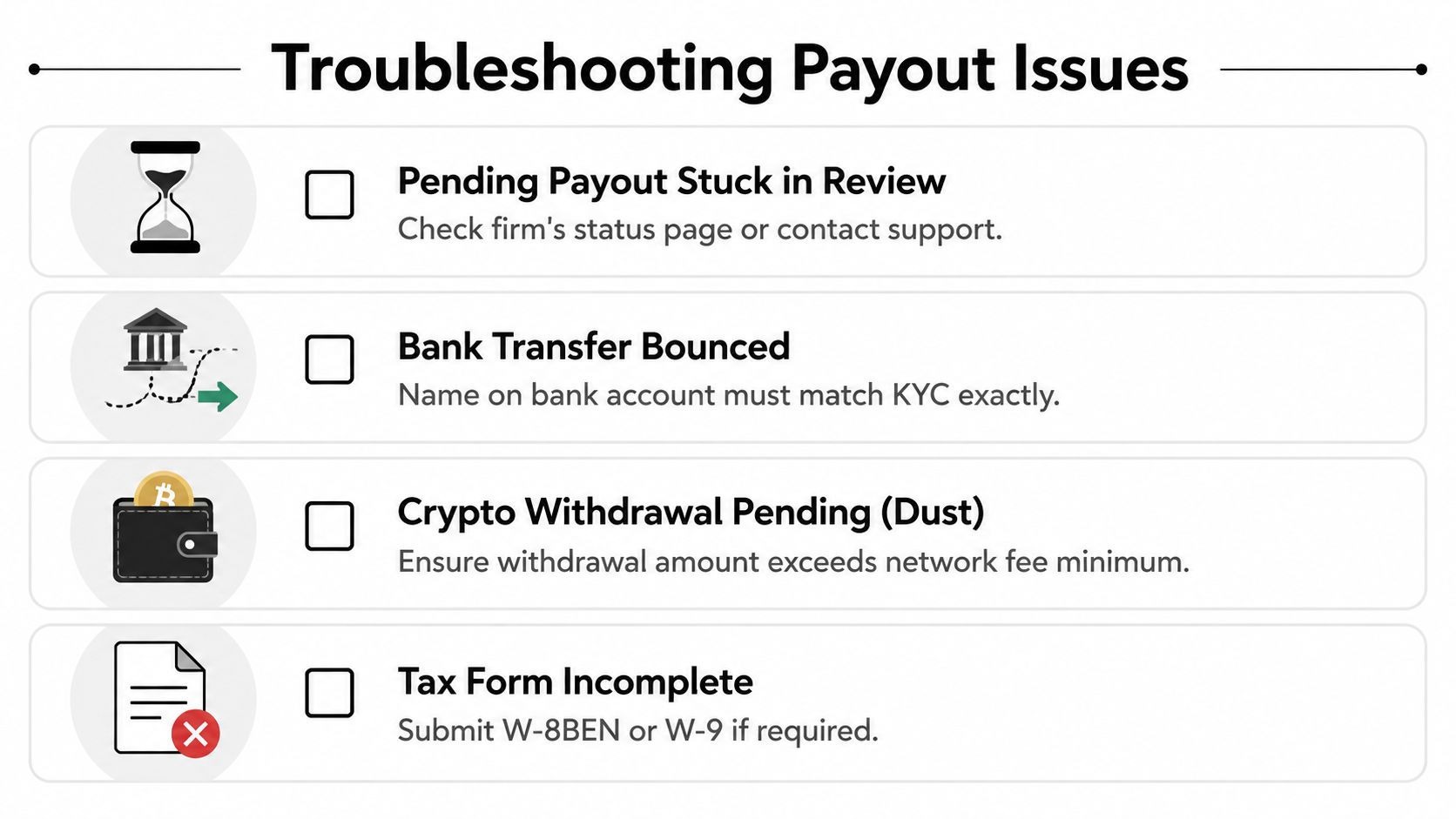A checklist for troubleshooting common issues with prop firm payout processes including bank, crypto, and tax forms.