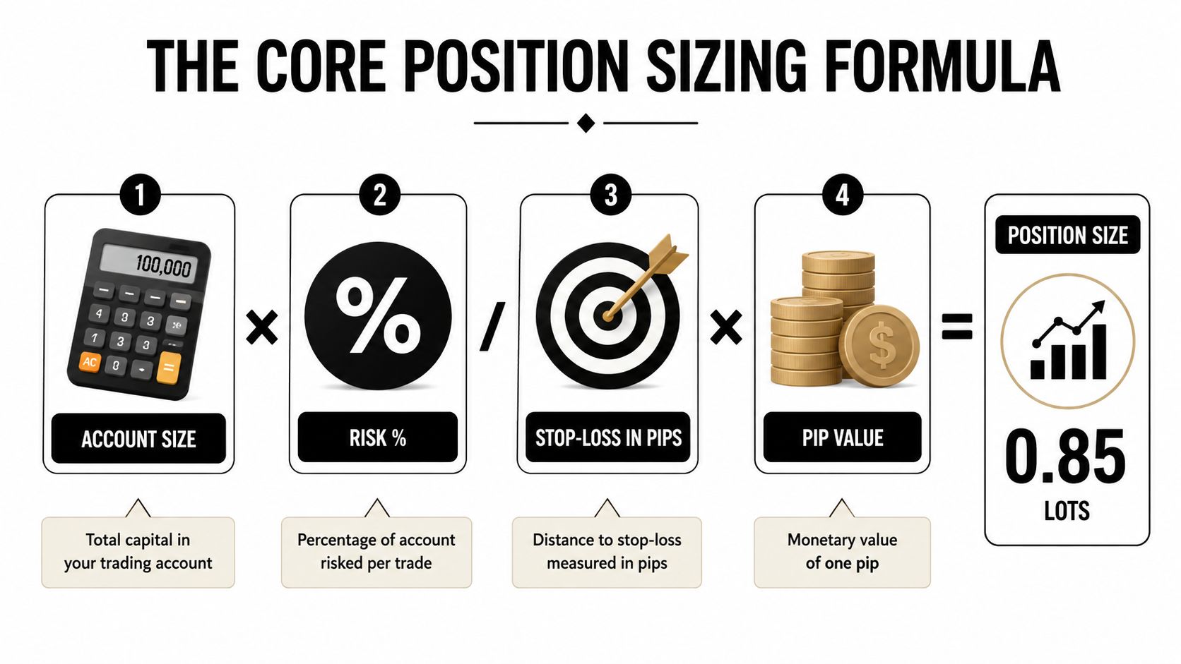 A visual guide explaining the core forex position sizing formula using calculator, percentage, target, and coin icons.