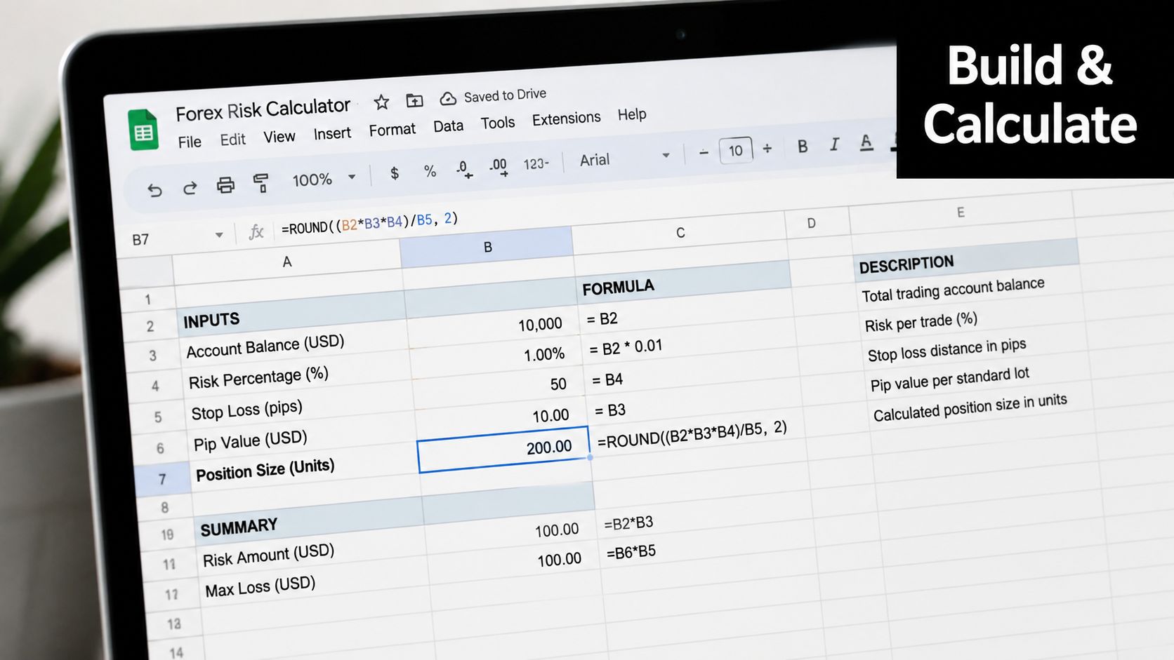 A laptop screen displaying a Google Sheets document titled Forex Risk Calculator with formulas and financial data.