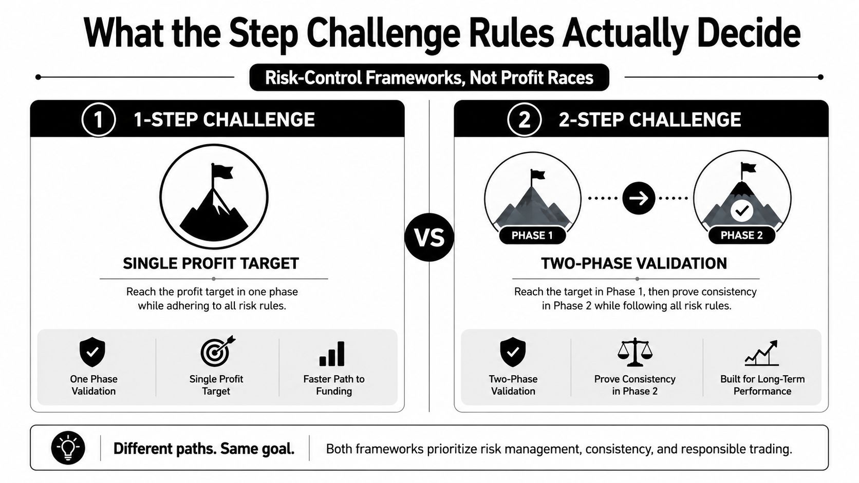 A comparison infographic between 1-step and 2-step trading challenges, highlighting risk control and evaluation frameworks.