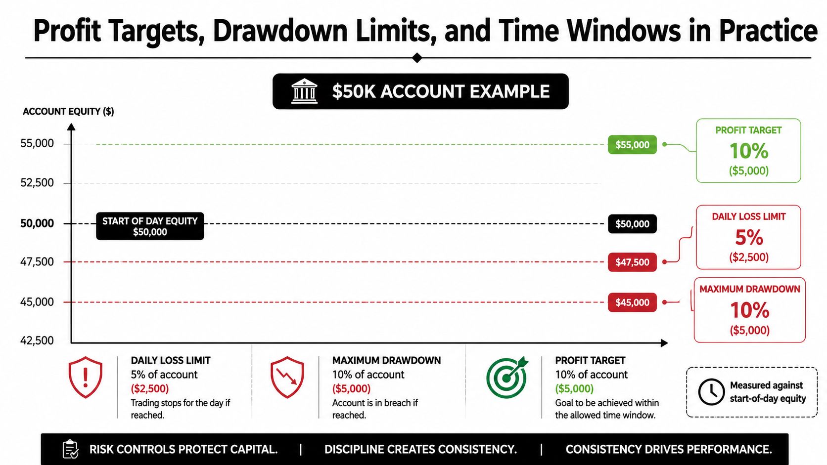 A chart illustrating profit targets, daily loss limits, and maximum drawdown for a $50,000 trading account.