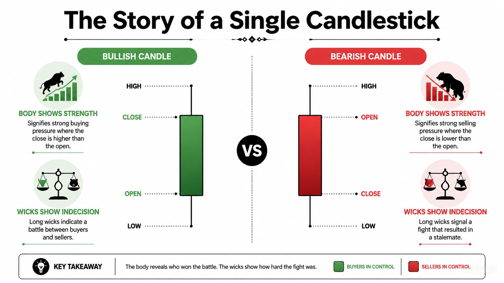 An infographic explaining the components of a financial candlestick chart, including bullish and bearish candle structures.
