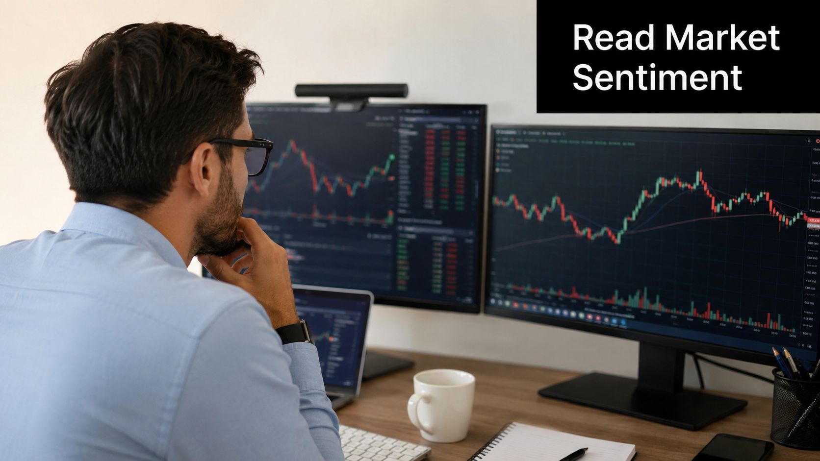 A professional trader observing complex financial candlestick charts on multiple computer monitors while working at his desk.