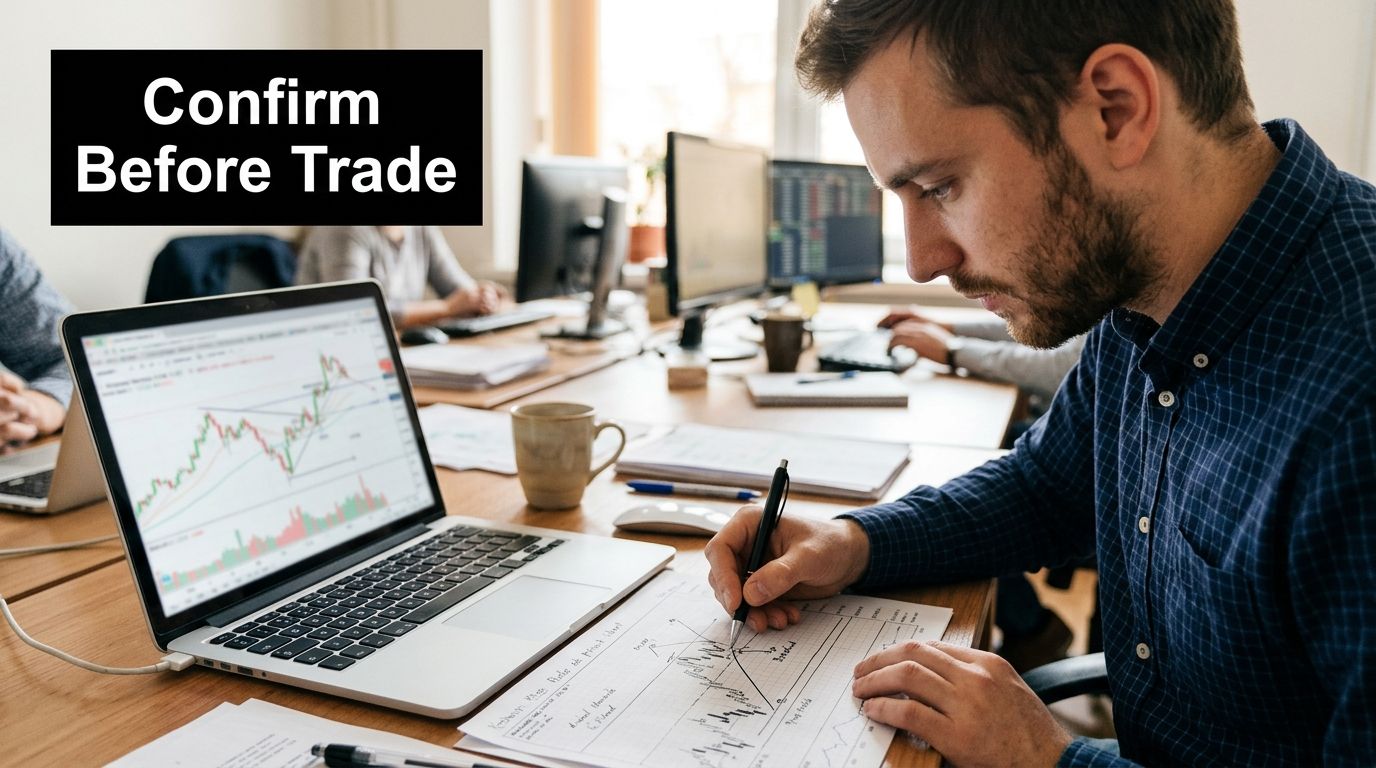 A professional trader analyzing financial charts on a laptop and paper documents in an office setting.