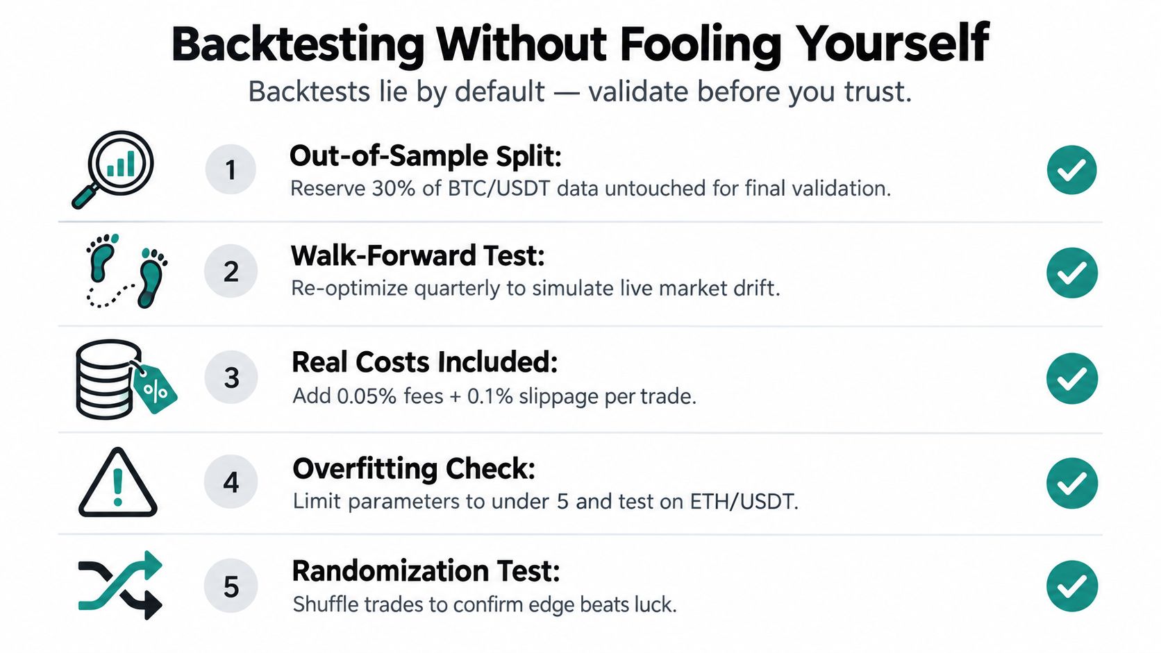 An infographic titled Backtesting Without Fooling Yourself, listing five essential steps for validating trading strategies.