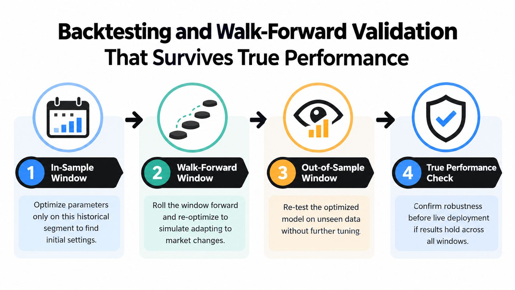 A diagram illustrating the four steps of backtesting and walk-forward validation for trading strategy development.