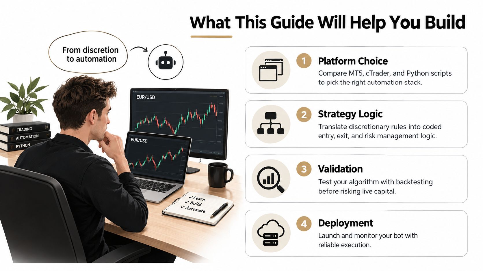 A trader working at a desk with dual monitors displaying Forex charts and automation guide steps.