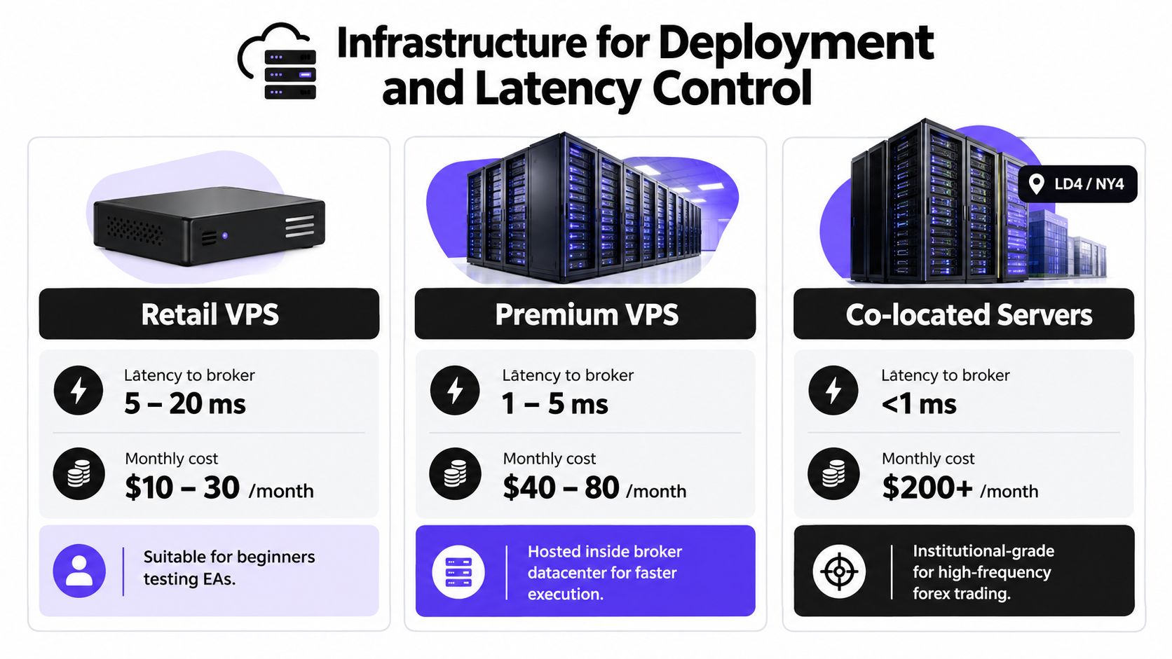 A comparison chart showing infrastructure options for forex trading including Retail VPS, Premium VPS, and Co-located servers.