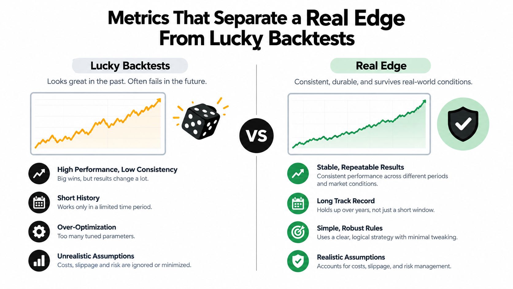 A comparison chart showing the differences between lucky backtests and real trading edges for financial strategies.