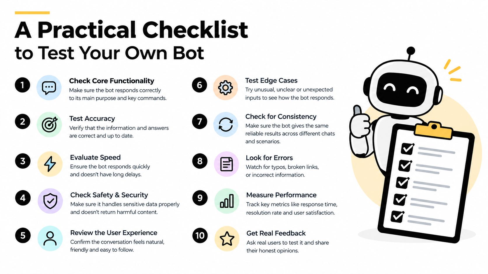 A checklist infographic titled A Practical Checklist to Test Your Own Bot for evaluating chatbot performance.