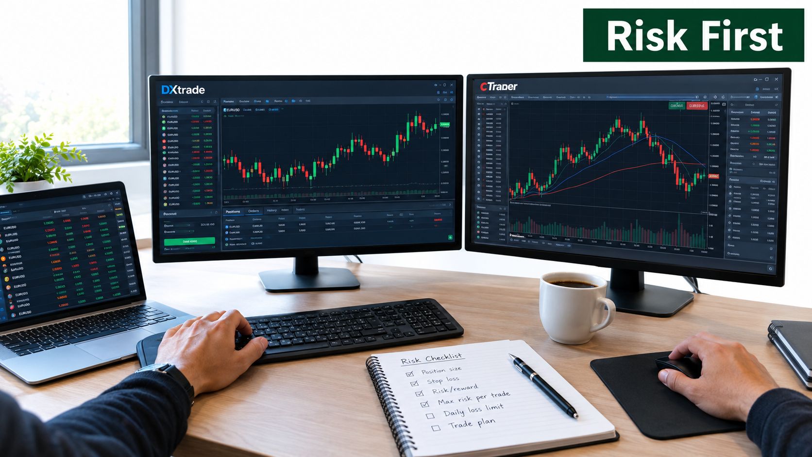A professional trader working on multiple monitors analyzing financial markets and candlestick charts with a risk checklist.