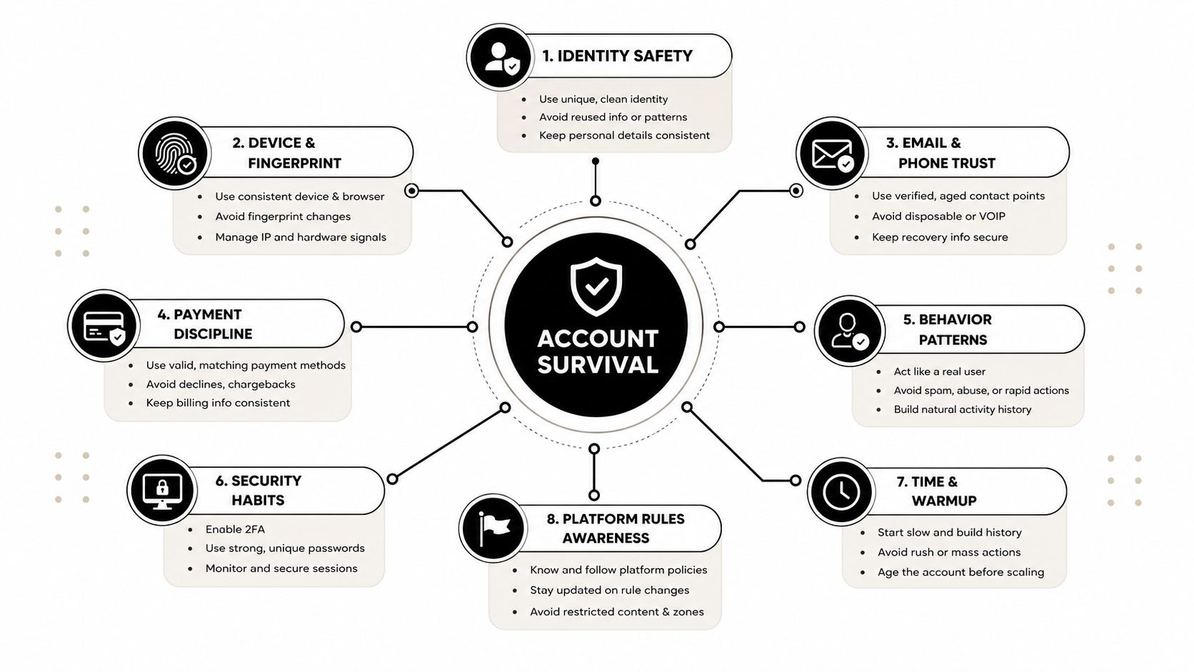 A diagram illustrating eight key strategies for maintaining and protecting online account survival and long-term security.