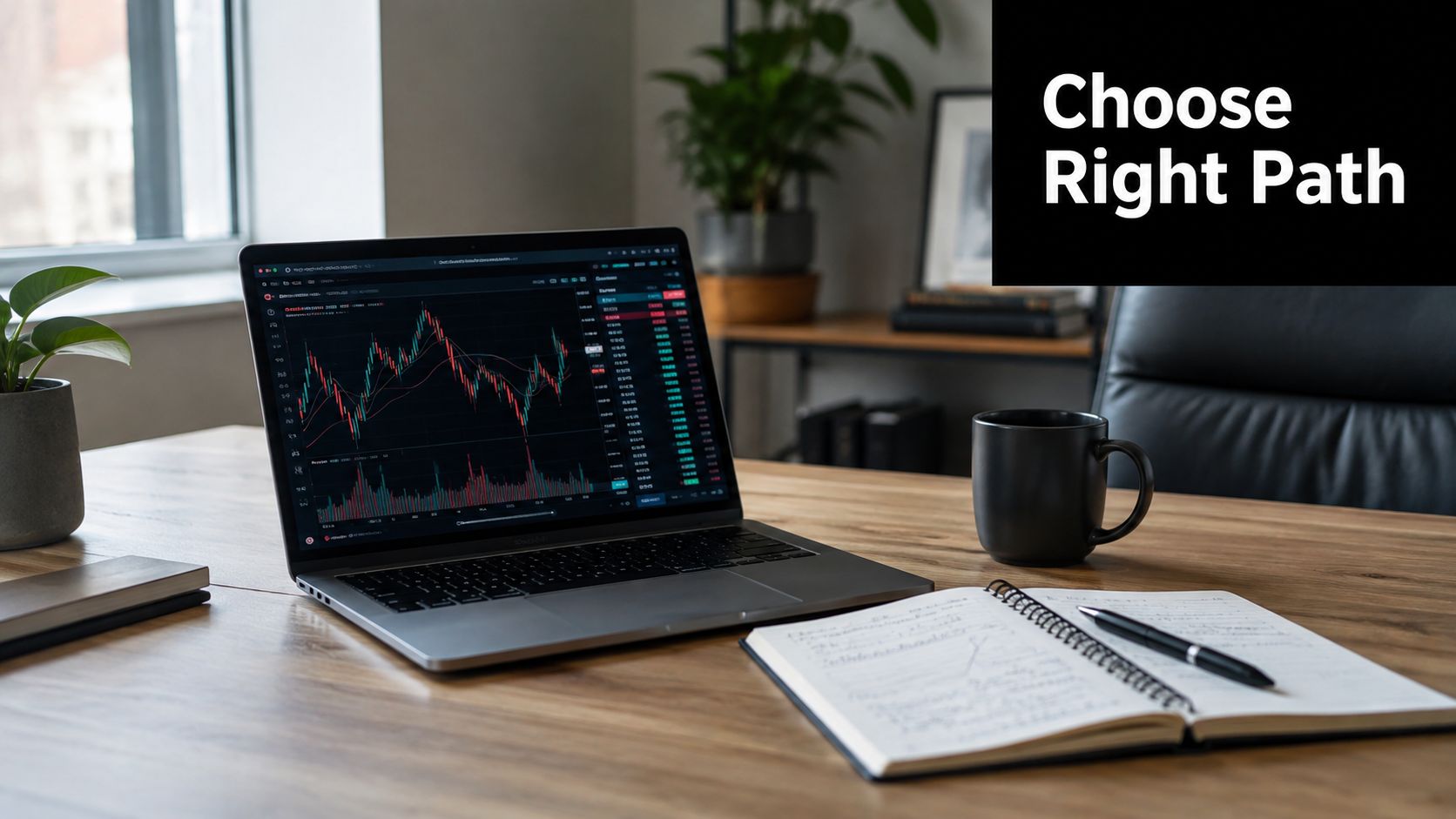A laptop displaying financial stock market charts on a desk next to a notebook and coffee.