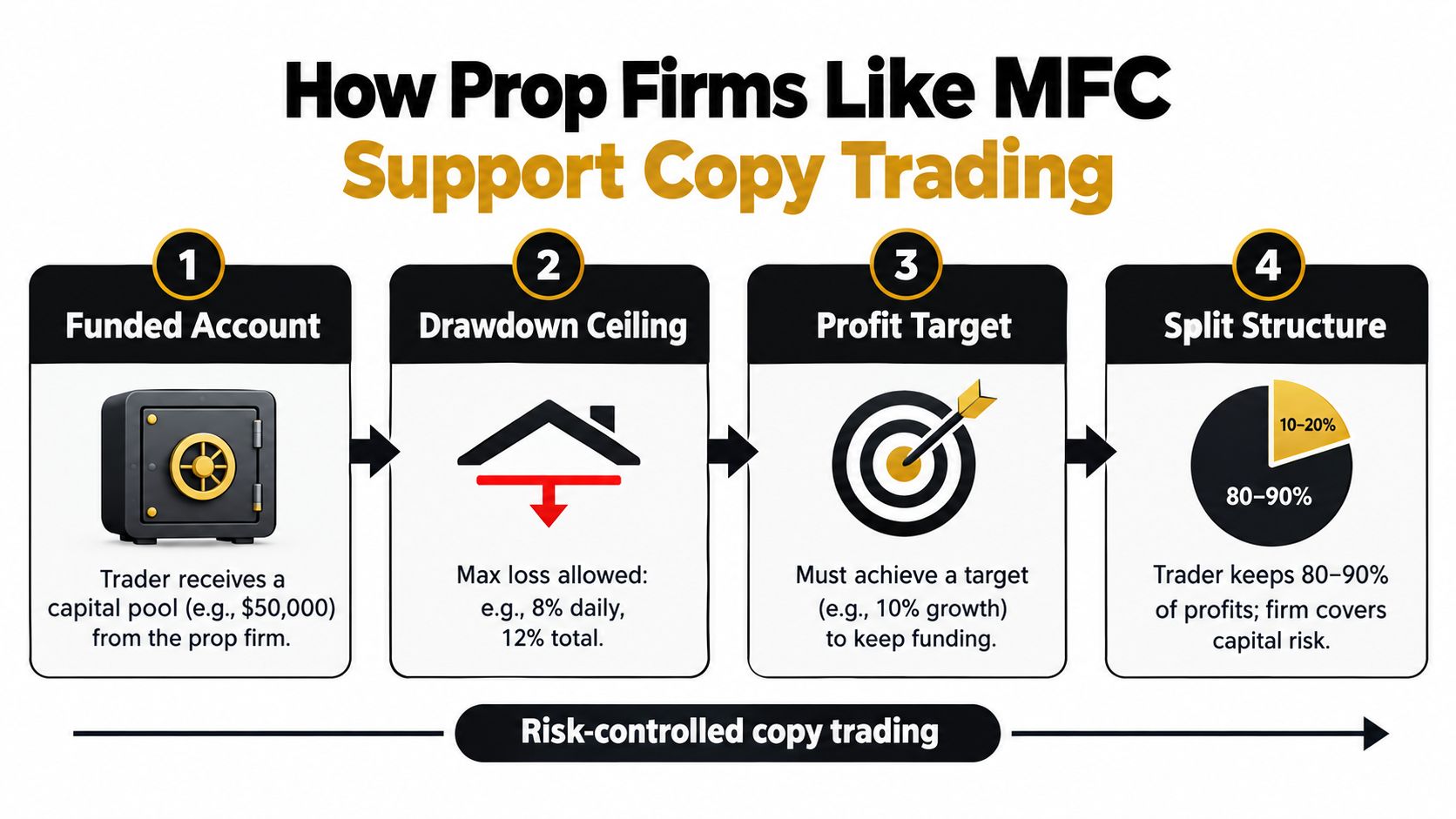 A diagram illustrating how proprietary trading firms support copy trading through four structured phases of risk management.