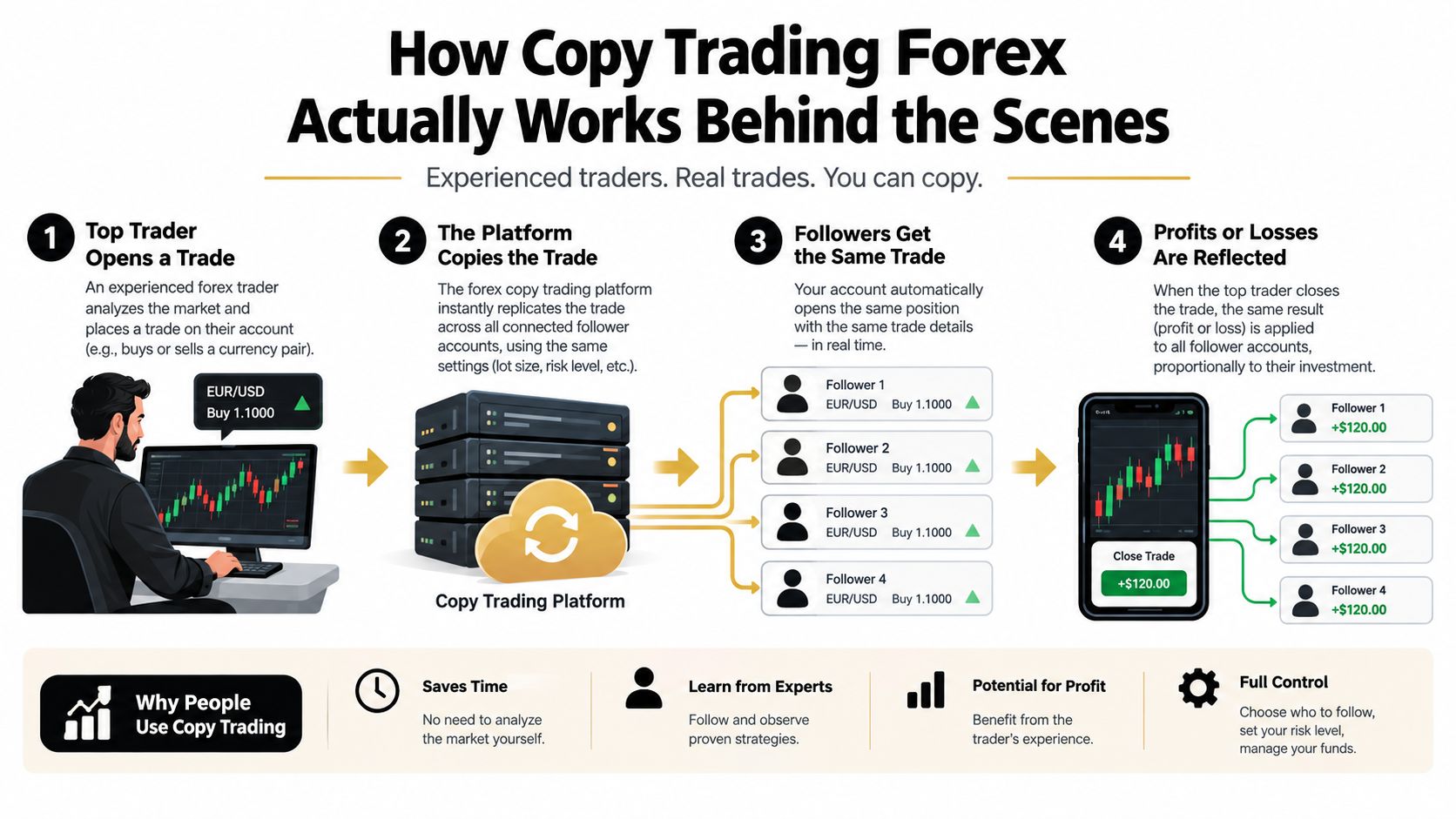 An infographic illustration showing the four-step process of how forex copy trading works behind the scenes.