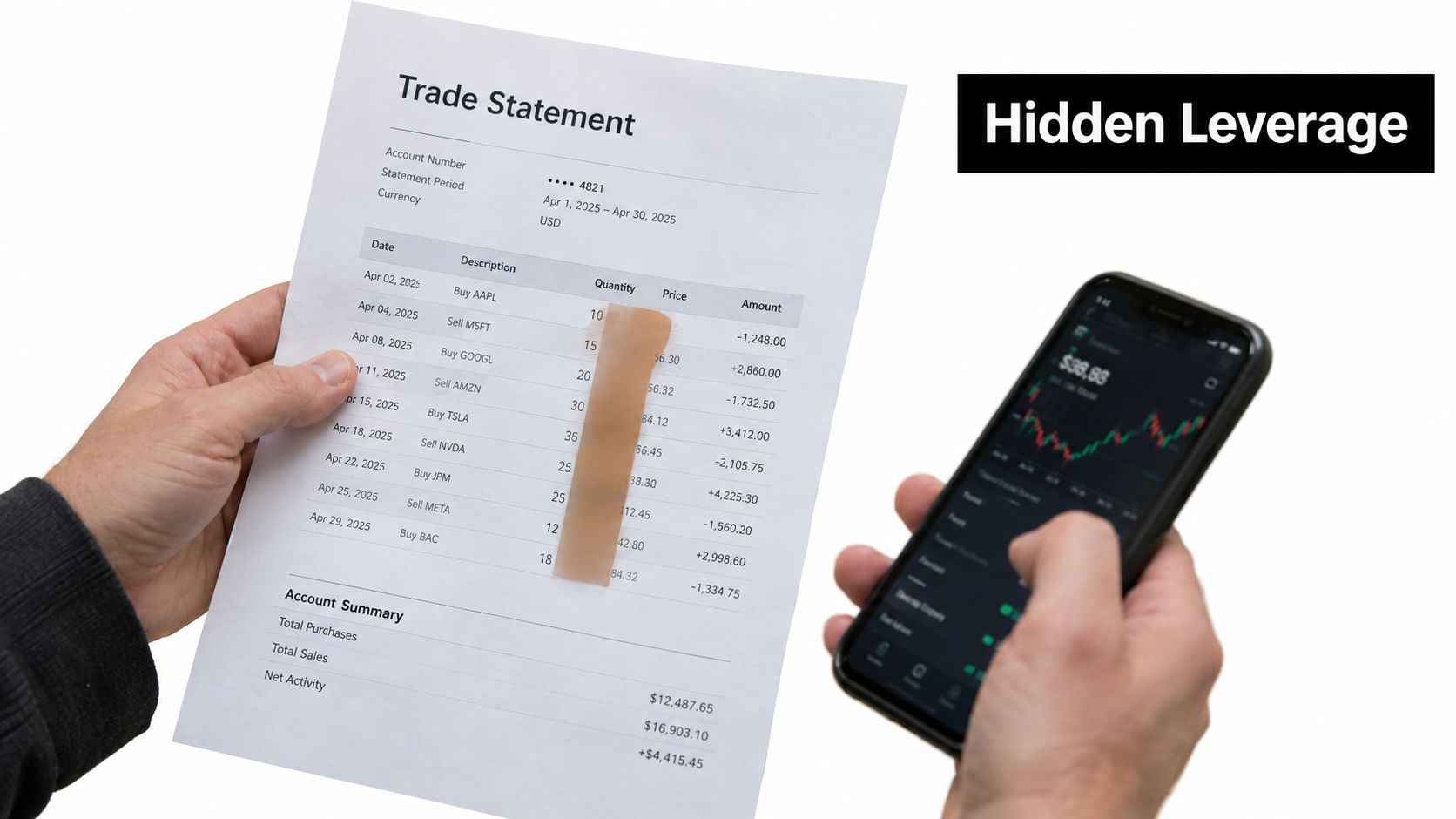A person holding a trade statement paper in one hand and a smartphone showing market data.