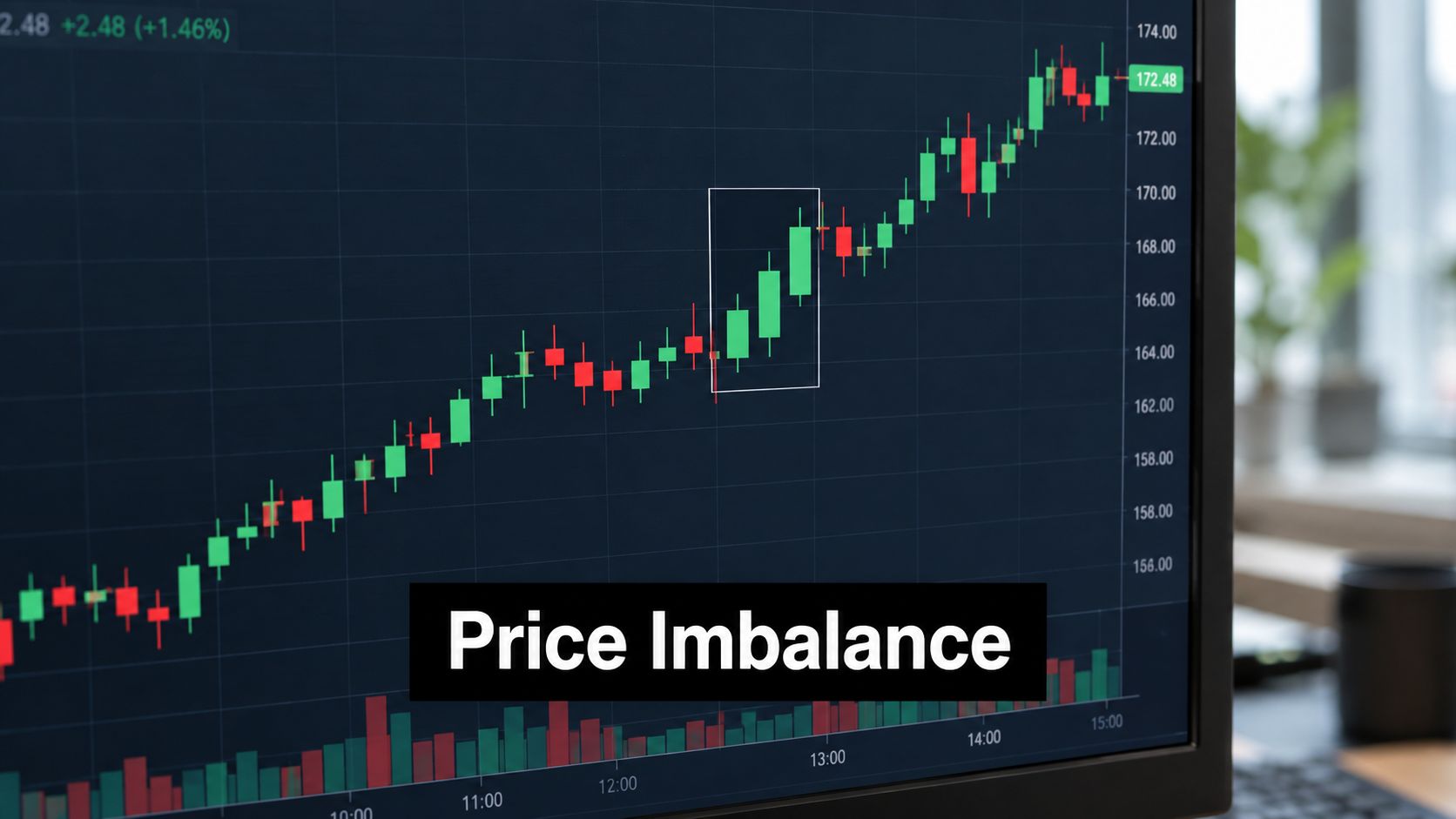 A close-up of a computer monitor displaying a stock trading chart with a highlighted price imbalance area.