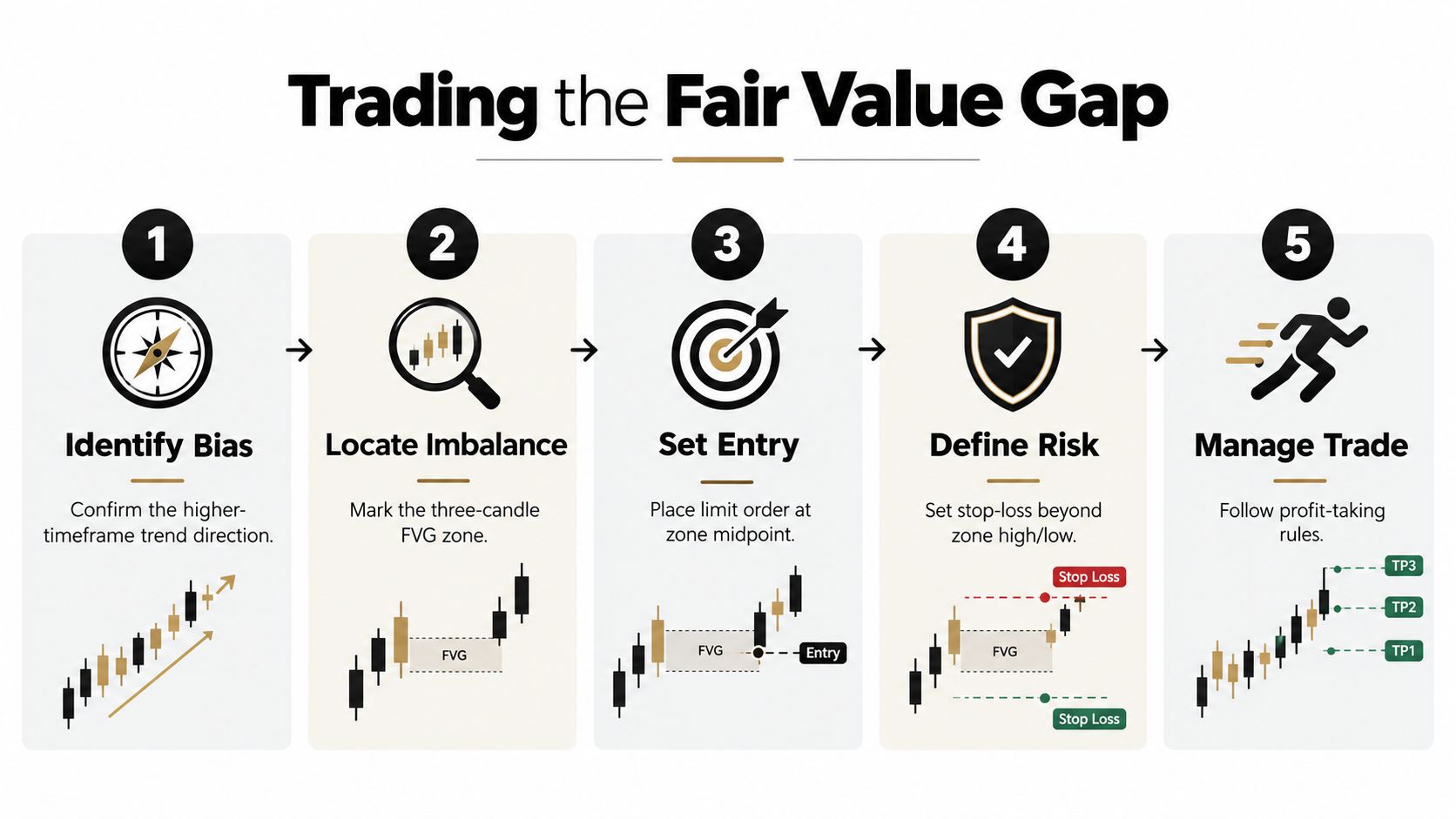 An infographic illustrating five essential steps for trading the Fair Value Gap in financial markets.