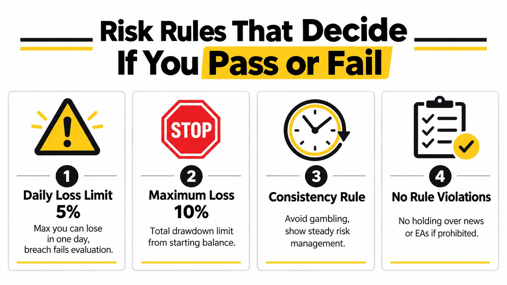 An infographic showing four risk management rules for a forex funded trading program evaluation.