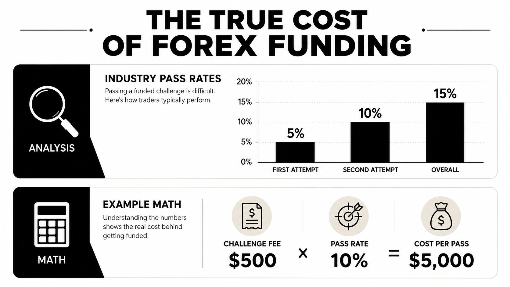 A chart illustrating industry pass rates for forex funding challenges and a mathematical calculation of costs.