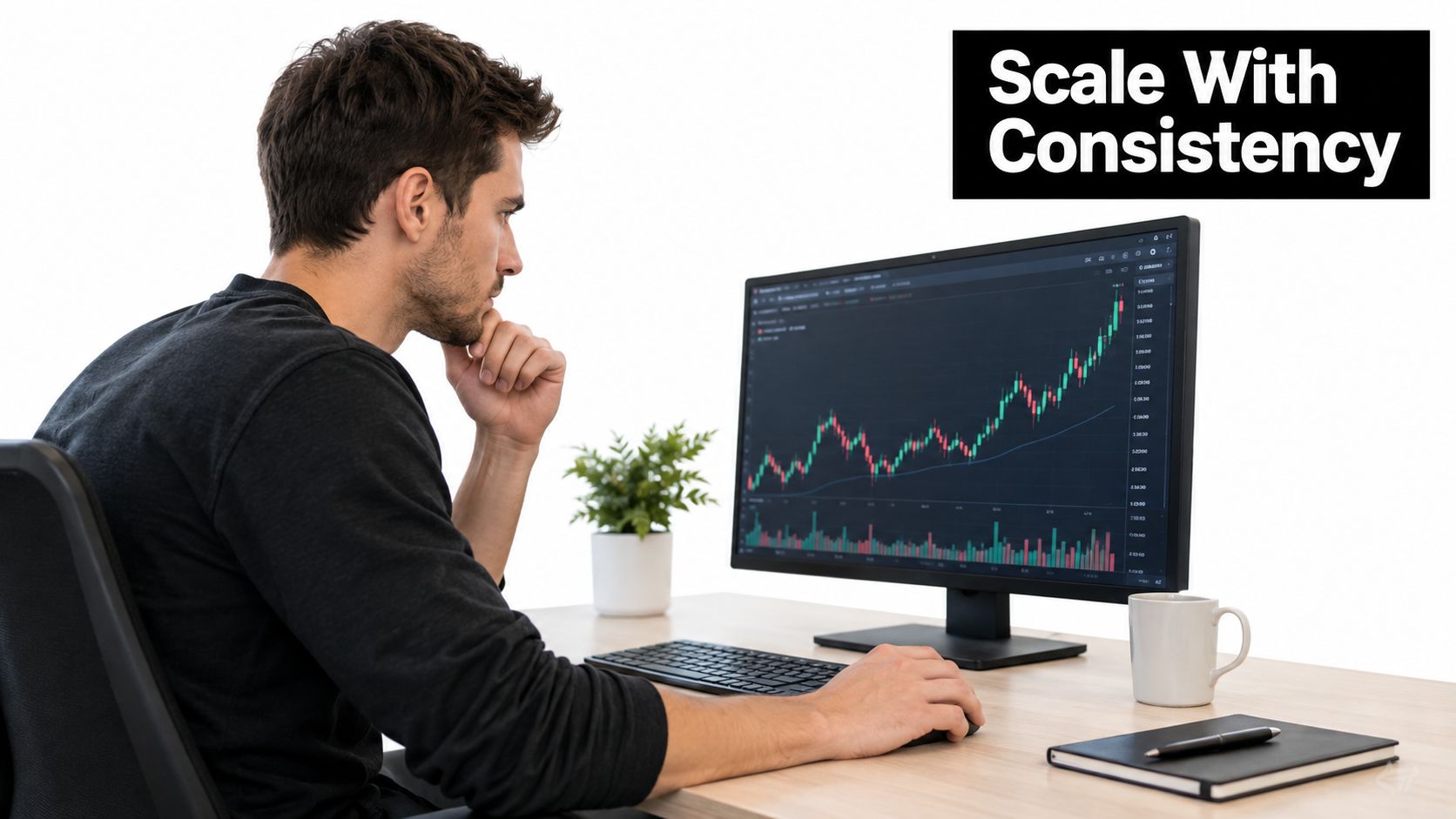 A focused trader sitting at a desk analyzing stock market charts on a computer monitor.