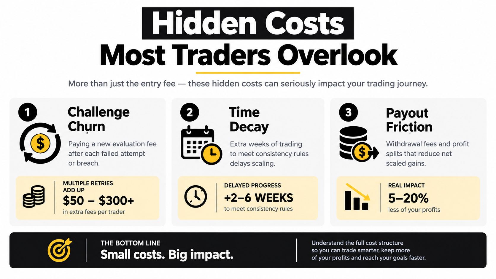 An infographic highlighting hidden costs for traders like challenge churn, time decay, and payout friction impact.