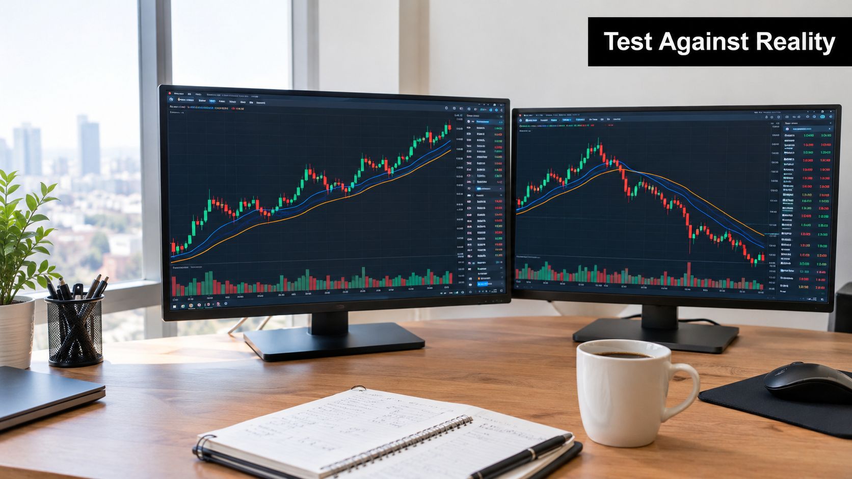 A professional workspace featuring two computer monitors displaying complex stock market trading charts and technical analysis data.