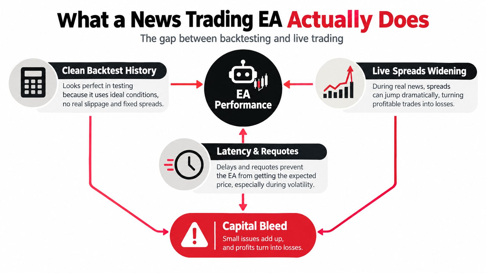 A diagram explaining why news trading expert advisors perform differently in live markets compared to backtesting.
