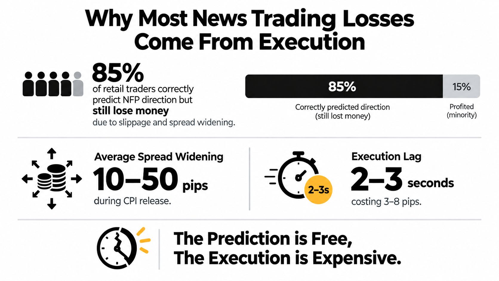 An infographic showing that most retail traders lose money on news trades due to execution issues.