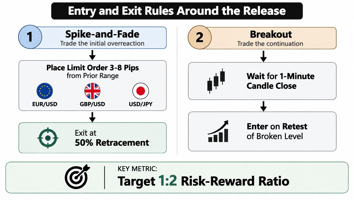 A trading guide explaining spike-and-fade and breakout strategies for news events in forex markets.
